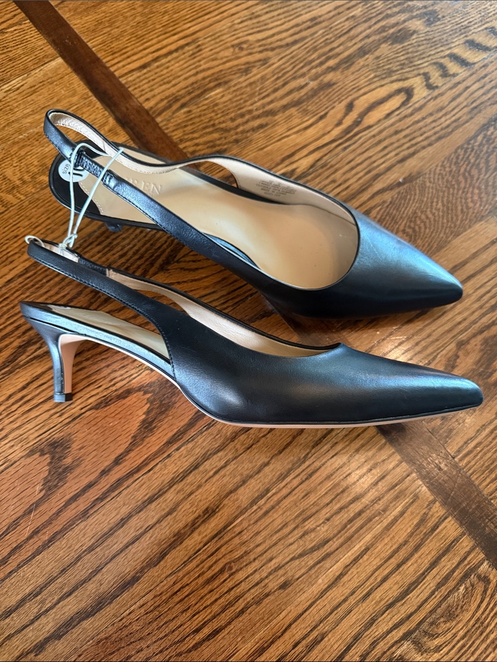 Ralph Lauren Black Leather Pointed Slingback Kitten Heels size 10 new